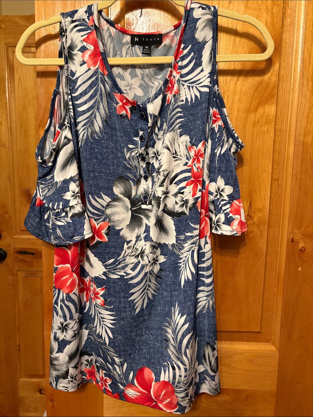 Women's Blue Floral Cold-Shoulder Top with Red Accents